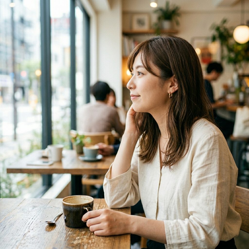 窓辺の席でコーヒーを前に、外を眺めながら考えごとをする女性